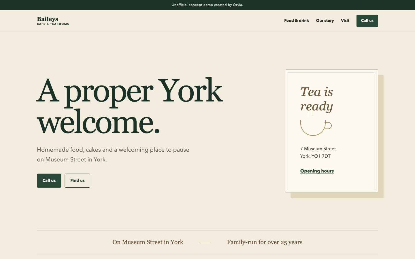 Local concept homepage created for Baileys Cafe and Tearooms in York